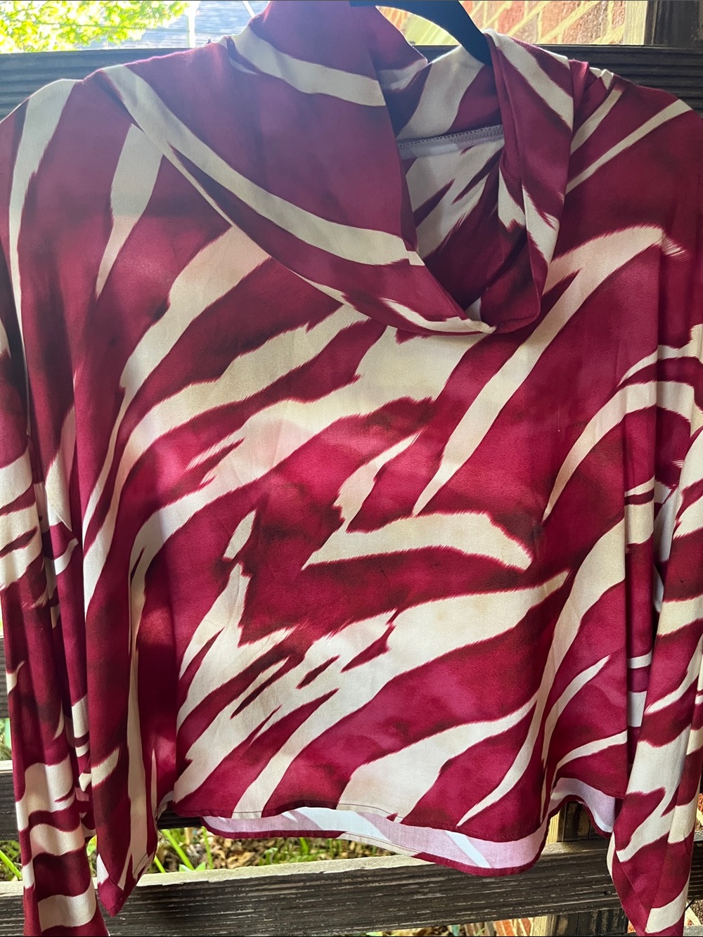 Cowl-Neck Red and Cream Zebra-Print Blouse